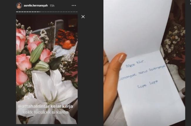Atta Halilintar beri bunga buat Aurel Hermansyah. (Instagram/@aurelie.hermansyah)