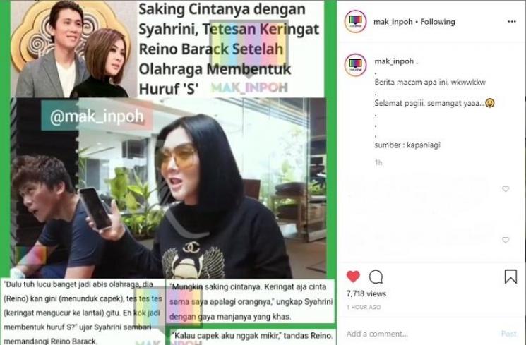 Syahrini cerita tetesan keringat Reino Barack membentuk huruf 'S' (Instagram @mak_inpoh)