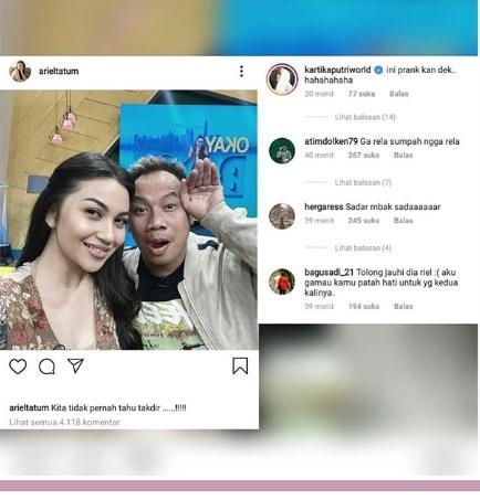 Kartika Putri komentari foto kedekatan Ariel Tatum dan Vicky Prasetyo. [Instagram]