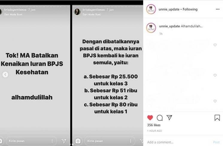Iuran BPJS tidak jadi naik (Instagram @unnie_update)