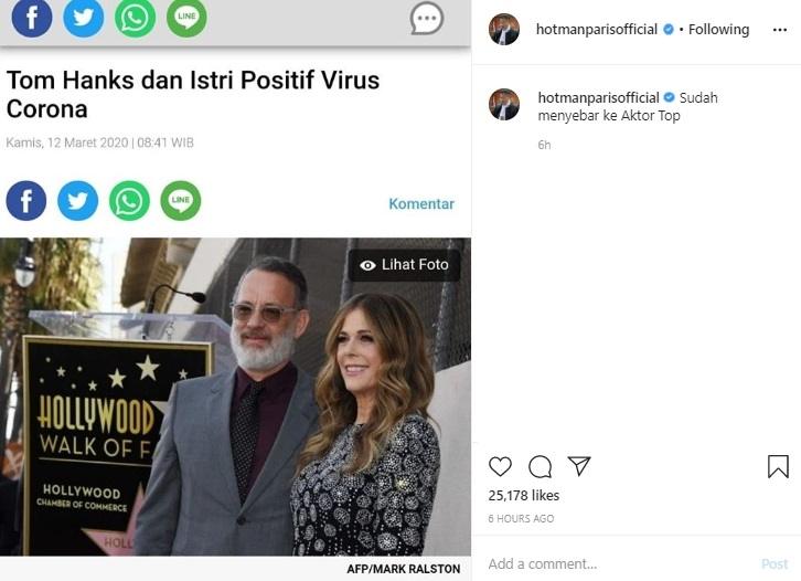Hotman Paris komentari Tom Hanks kena virus corona. (Instagram/@hotmanparisofficial)