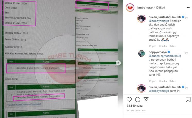 Sarita Abdul Mukti komentari Jennifer Dunn (Instagram/@lambe_turah)