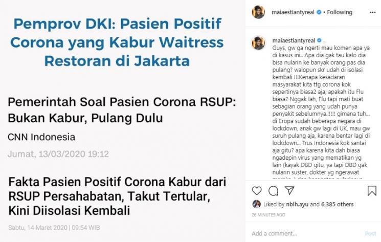Maia Estianty komentari kasus pasien positif corona kabur. (Instagram/@maiaestiantyreal)