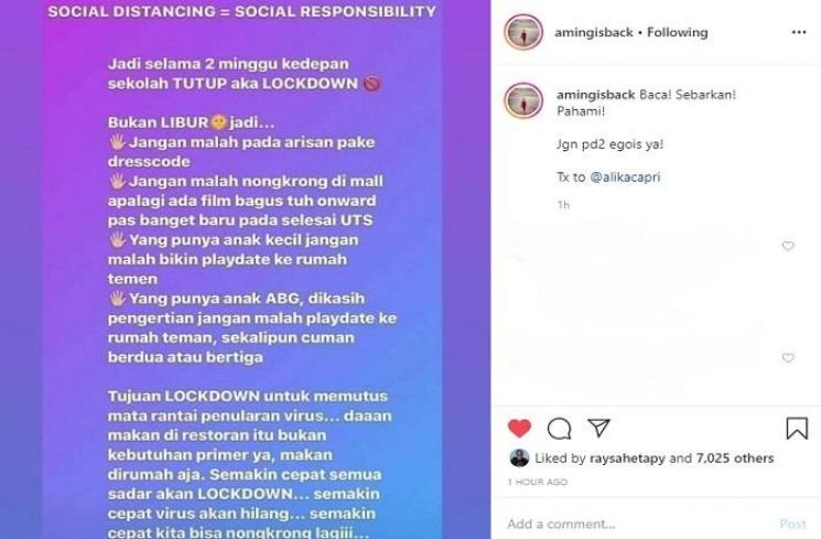 Postingan Aming soal lockdown sekolah (Instagram @amingisback)