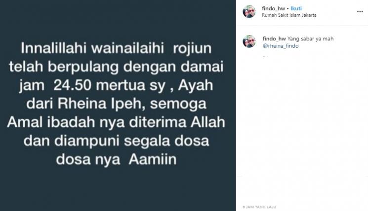 Ayah Rheina Ipeh meninggal dunia. [Instagram/@findo_hw)
