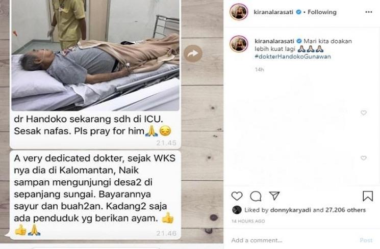 Kirana Larasati mendoakan kesembuhan Dokter Handoko Gunawan (Instagram @kiranalarasati)