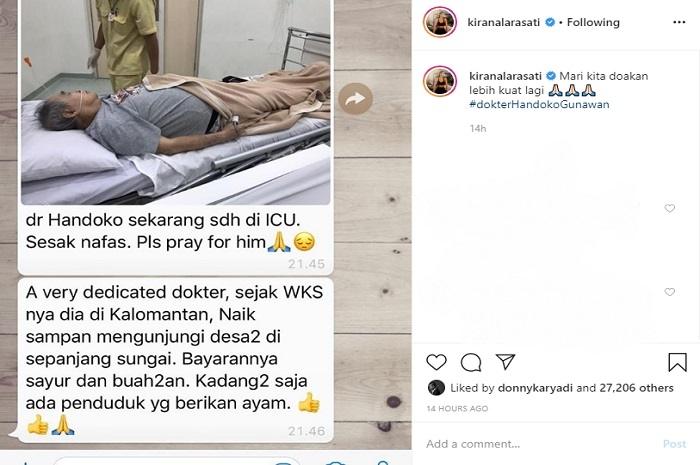 Kirana Larasati mendoakan kesembuhan Dokter Handoko Gunawan (Instagram @kiranalarasati)
