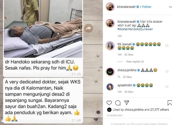 Kirana Larasti unggah foto dokter Handoko Gunawan di ICU. [Instagram]