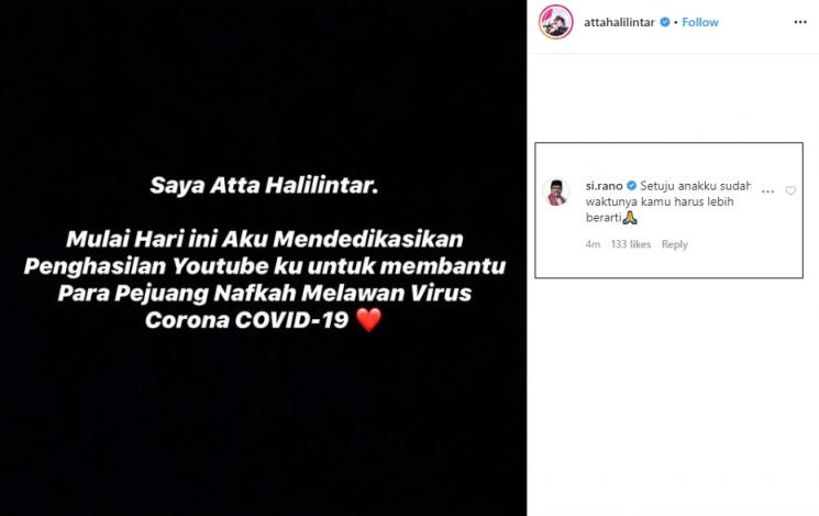 Atta Halilintar dedikasikan hasil YouTube untuk lawan Corona (Instagram/@attahalilintar)
