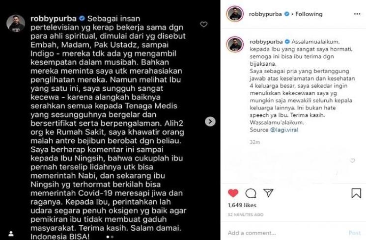 Robby Purba mengutarakan kekecewaannya soal pernyataan Ningsih Tinampi (Instagram @robbypurba)