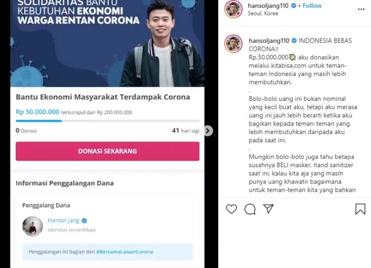 YouTuber Korea Jang Hansol Beri Donasi Lawan Corona (Instagram/@hansoljang110)