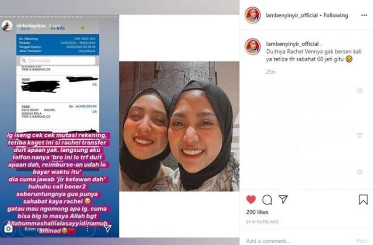 Rachel Vennya transfer Rp 60 juta ke temannya. (Instagram @lambenyinyir_official)
