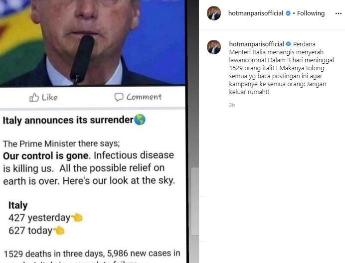 Hotman Paris ditegur posting berita PM Italia menangis. (Instagram/@hotmanparisofficial)