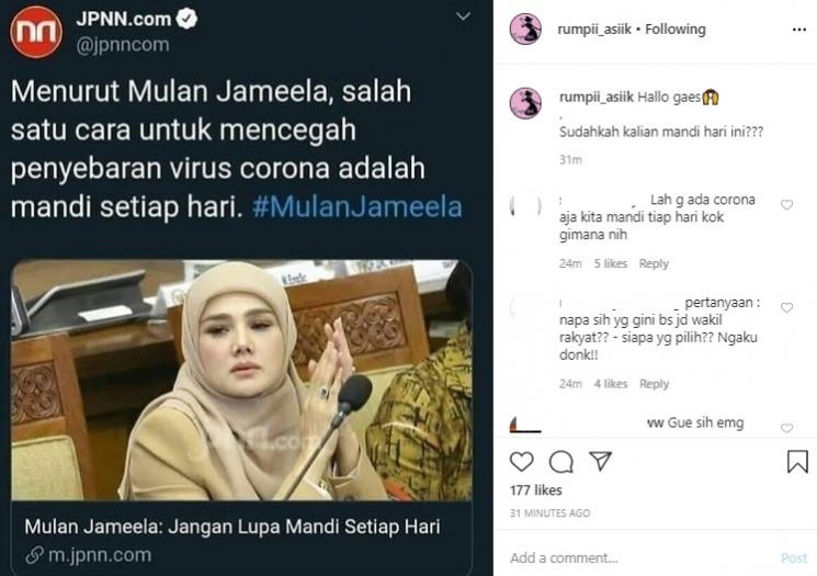 Mulan Jameela dinyinyir karena beri solusi cegah corona. (Instagram/@rumpii_asiik)