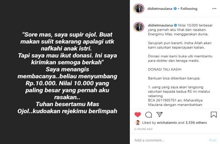 Didiet Maulana mewek ada ojol yang ikut donasi corona (Instagram @didietmaulana)