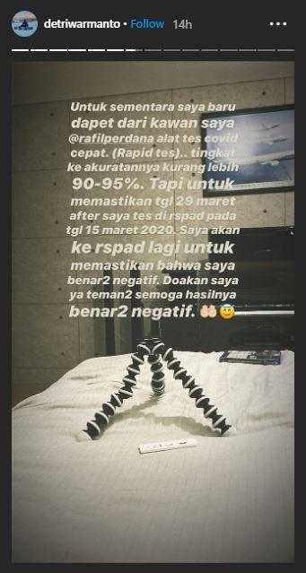 Detri Warmanto negatif Corona. (Instagram/@detriwarmanto)