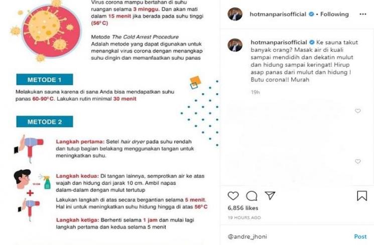 Hotman Paris bagikan tips menghirup uap air panas untuk bunuh corona (Instagram @hotmanparisofficial)