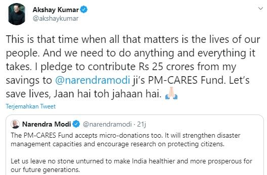 Akshay Kumar sumbang miliaran rupiah untuk lawan Corona (Twitter/@akshaykumar)