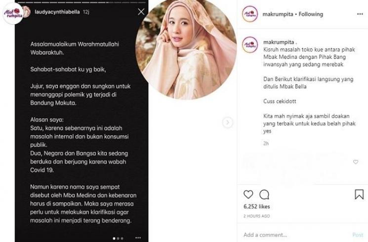 Laudya Cynthia Bella buka suara soal kisruh toko kue Irwansyah dan Medina Zein (Instagram @makrumpita)