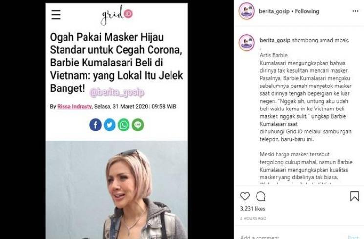 Barbie Kumalasari pakai masker dari Vietnam (Instagram @berita_gosip)