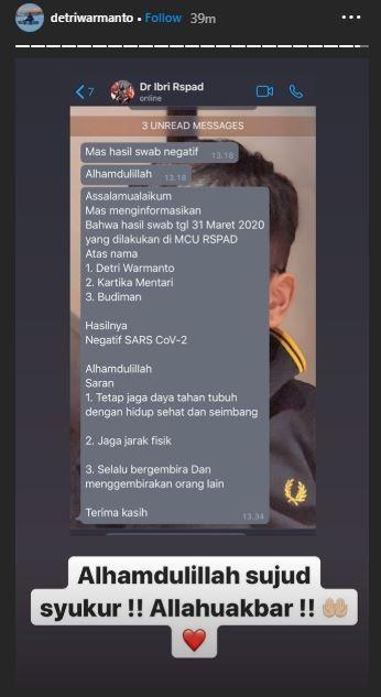 Hasil tes swab pertama Detri Warmanto negatif Corona. (Instagram/@detriwarmanto)