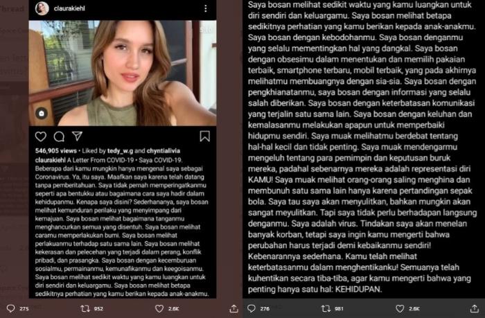 Cinta Laura sempat tulis surat jadi Covid 19. (Twitter/@raviopatra)