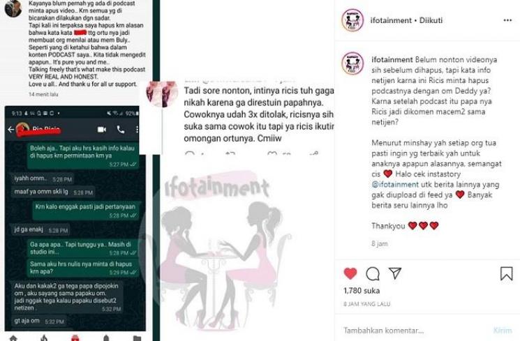 Ria Ricis minta video podcastnya dihapus (Instagram @ifotainment)