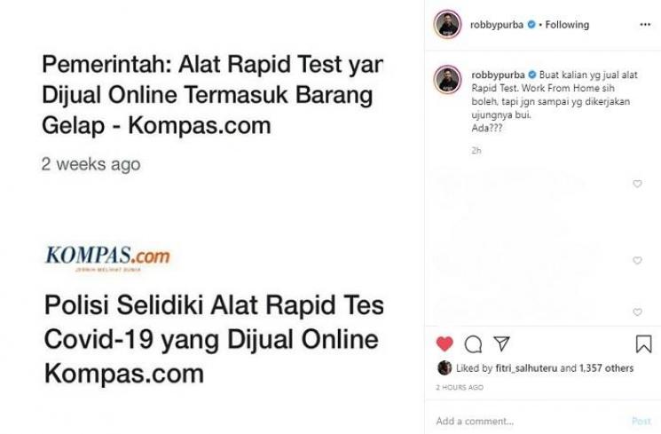 Robby Purba soroti penjualan rapid test secara online (Instagram @robbypurba)