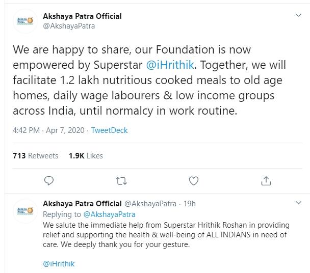 Hrithik Roshan sumbang makanan (Twitter/@AkshayaPatra)