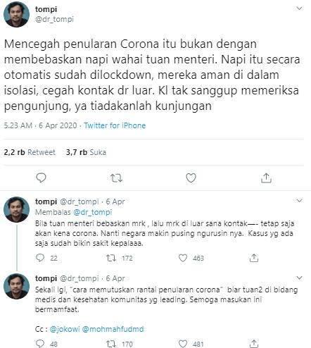 Tompi tanggapi pembebasan napi saat wabah Corona (Twitter/@dr_tompi)