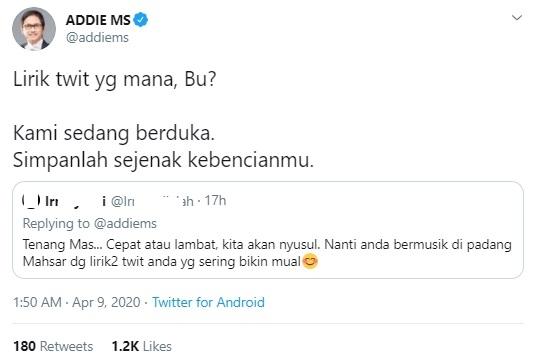 Postingan Addie MS semprot netizen. (Twitter/@addiems)