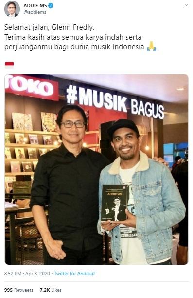 Postingan Addie MS ikut berduka atas meninggalnya Glenn Fredly. (Twitter/@addiems)
