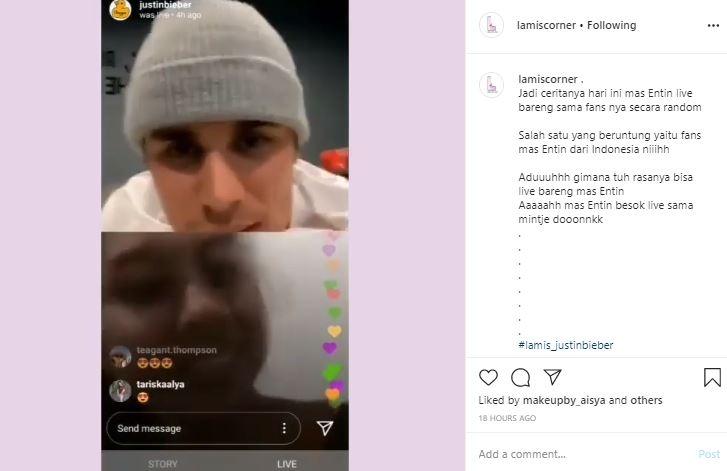 Justin Bieber ajak ngobrol fans Indonesia. (Instagram/@lamiscorner)