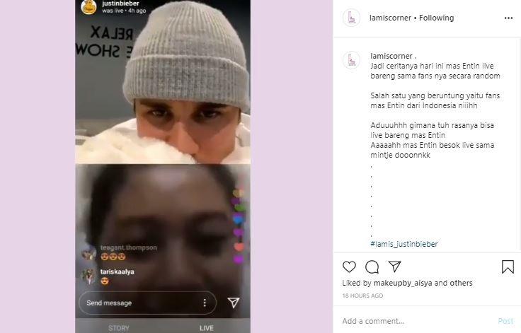 Justin Bieber ajak ngobrol fans Indonesia. (Instagram/@lamiscorner)