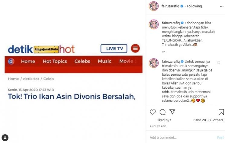 Fairuz A Rafiq ucap syukur tahu vonis Trio Ikan Asin. (Instagram/@fairuzarafiq)