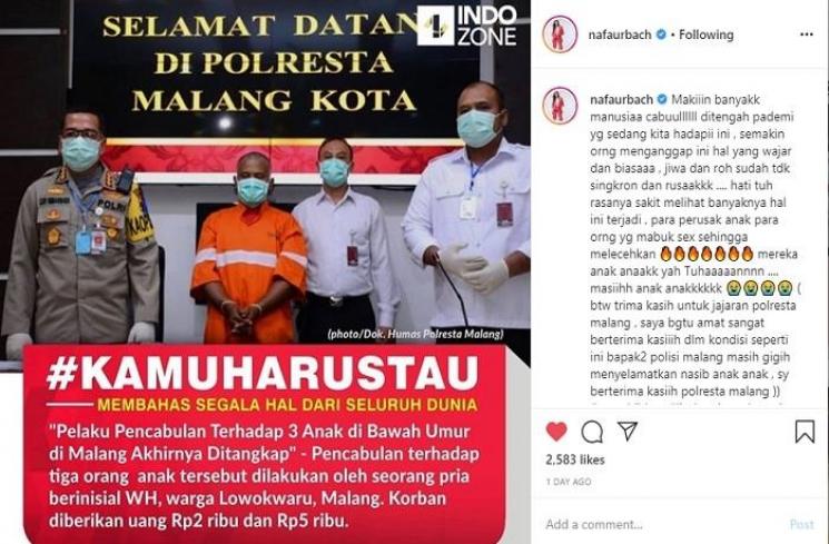Nafa Urbach geram dengan pelaku pelecehan anak di bawah umur (Instagram @nafaurbach)