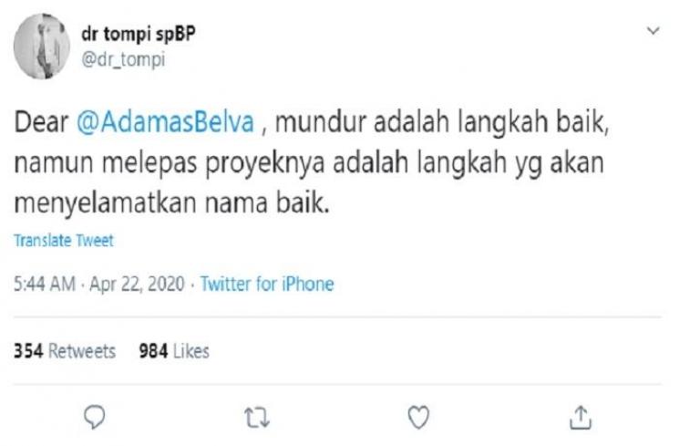 Pendapat Tompi soal mundurnya Belva Devara (Twitter @dr_tompi)