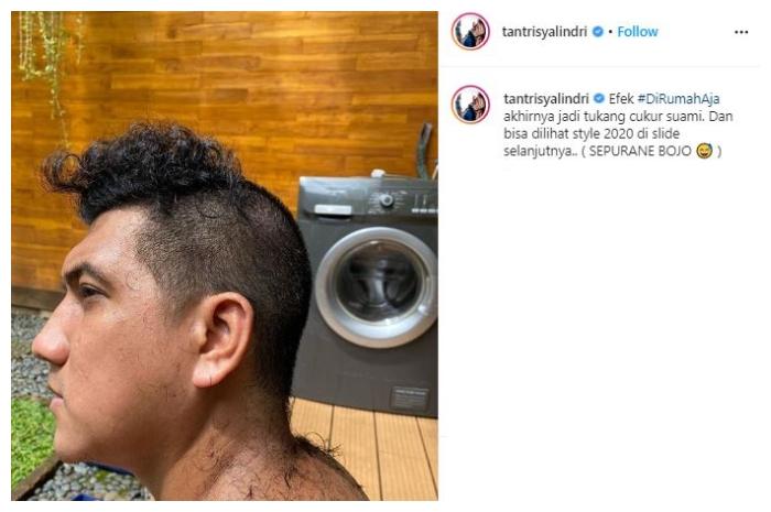 Tantri Kotak cukur rambut suami. (Instagram/@tantrisyalindri)