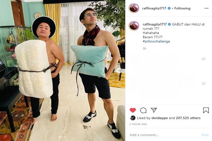 Raffi Ahmad dan Merry ikutan pillow challenge (Instagram @raffinagita1717)