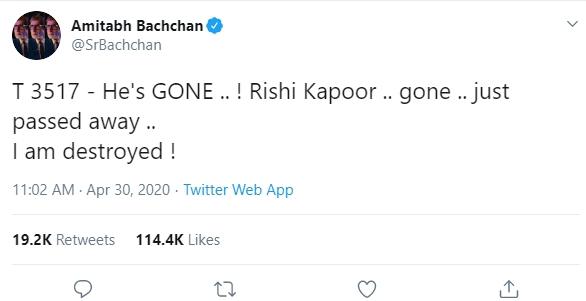 Rishi Kapoor meninggal dunia (Twitter/@SrBachchan)
