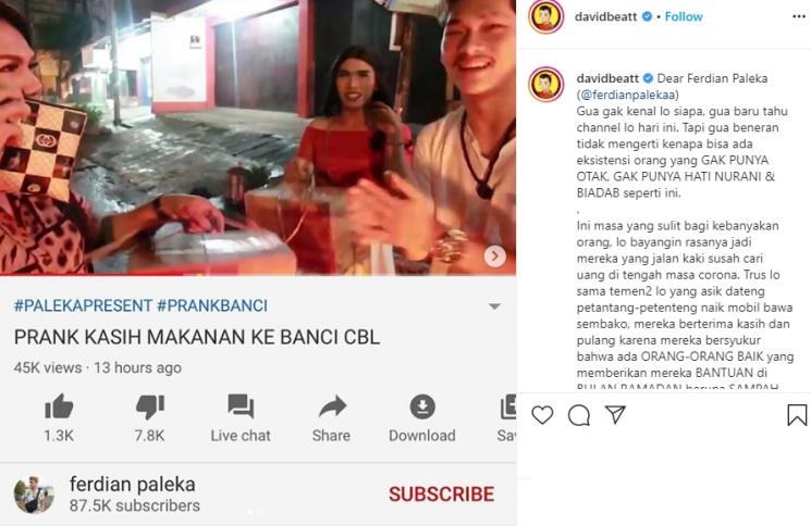 David Beatt kecam YouTuber Ferdian Paleka. (Instagram/@davidbeatt)