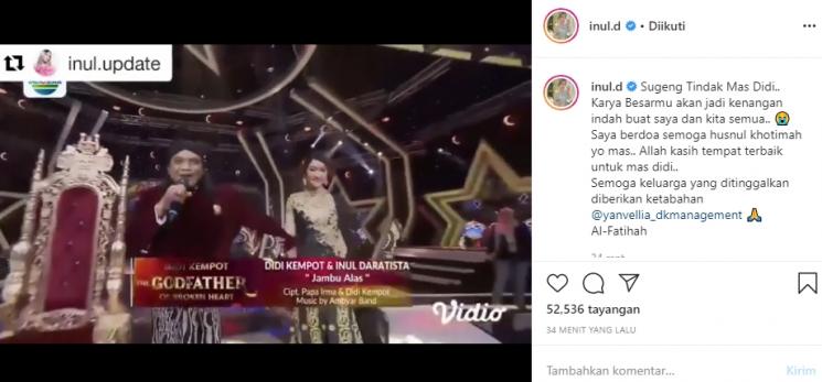 Inul Daratista berduka atas meninggalnya Didi Kempot (Instagram/@inul.d)