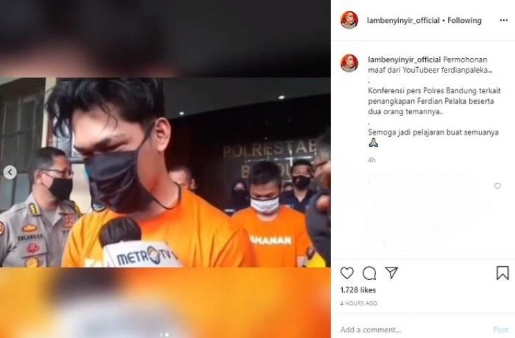 Ferdian Paleka memakai baju tahanan (Instagram @lambenyinyir_official)