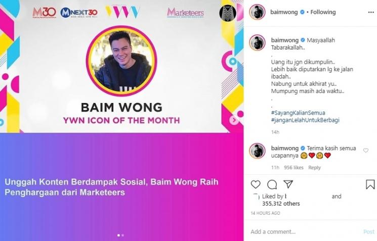 Baim Wong raih penghargaan karena aksi sosialnya. (Instagram/@baimwong)