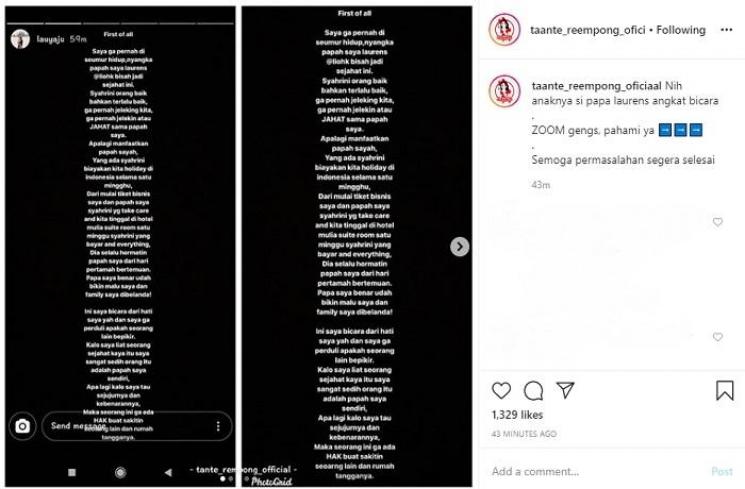 Pengakuan anak kandung 'Papa Angkat' Syahrini (Instagram @taante_reempong_oficiaal)