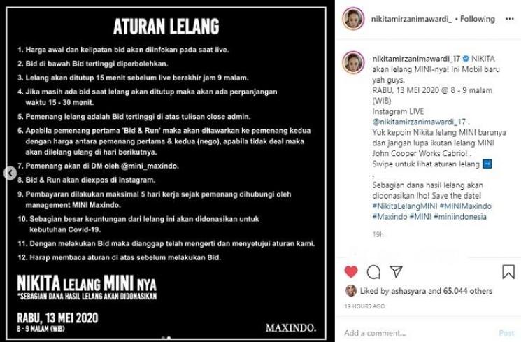Nikita Mirzani lelang mini cooper (Instagram @nikitamirzanimawardi_17)