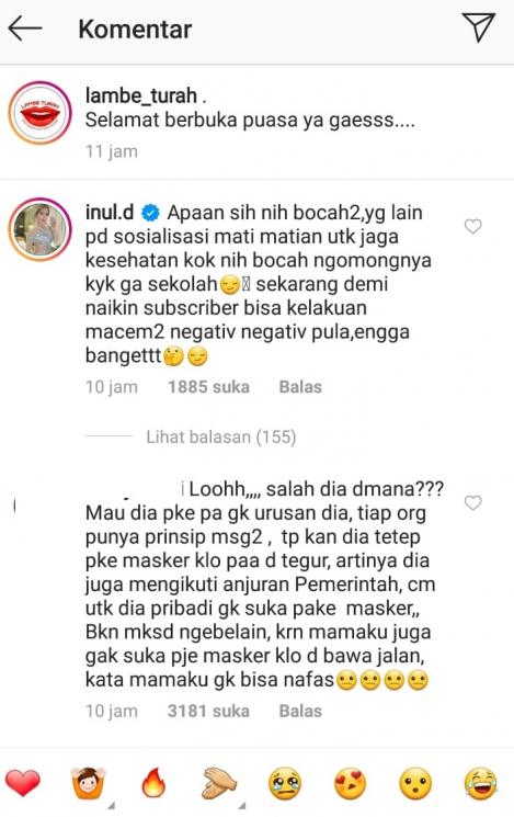 Komentar Inul Daratista soal YouTuber sepelekan corona. (Instagram/@lambe_turah)