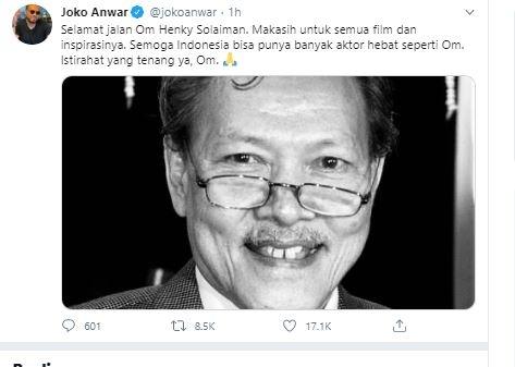 Ucapan duka dari rekan artis. (Twitter/@jokoanwar)