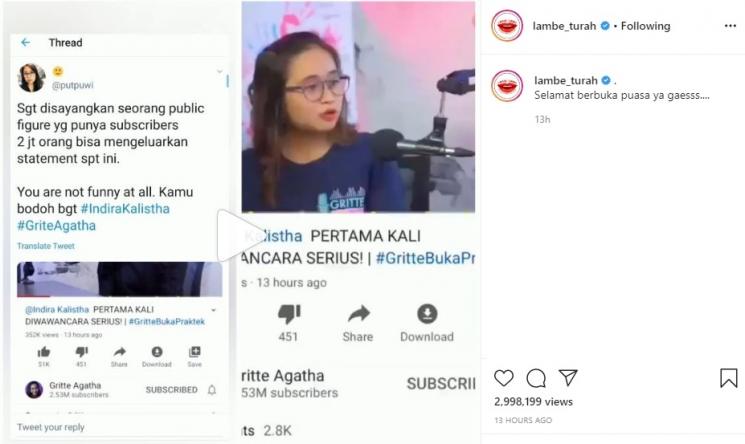 Postingan Lambe Turah soal YouTuber sepelekan corona. (Instagram/@lambe_turah)