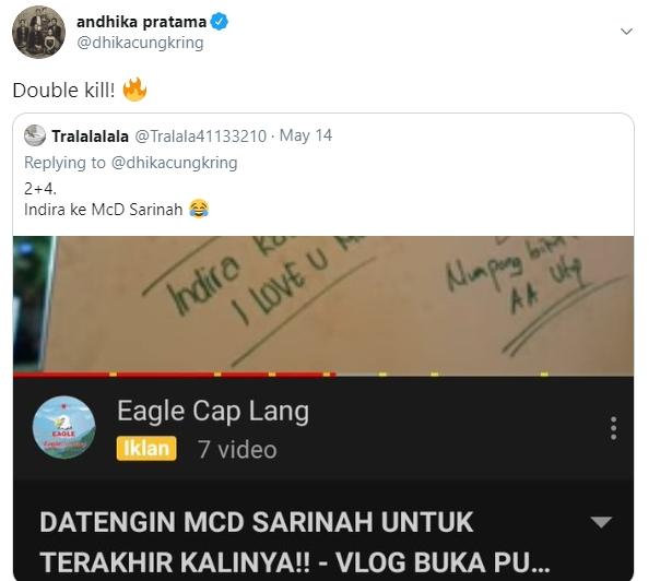 Andhika Pratama komentari Indira Kalistha ke McD Sarinah [Twitter/@dhikacungkring]